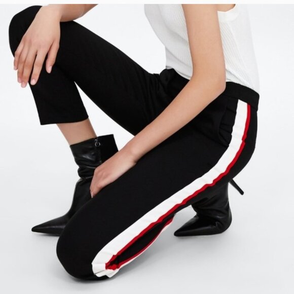 Zara Basic NAVY BLUE Trousers White/Red Stripe Womens Size Small - Picture 1 of 9